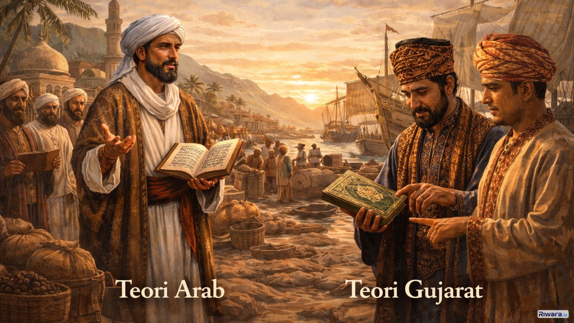 Ilustrasi interaksi pedagang Muslim dari Arab dan Gujarat di pelabuhan Nusantara pada masa awal penyebaran Islam.